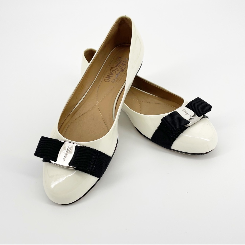 Salvatore Ferragamo Varino Ballet Flats Patent Leather with Black Grosgrain Bow